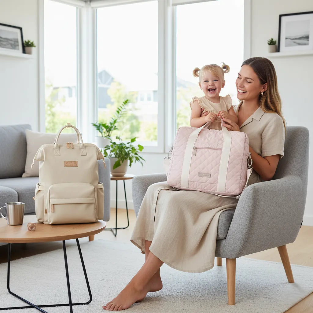 Maman comparant différents sacs à langer modernes pour bébé, entre sac à dos et modèle bandoulière