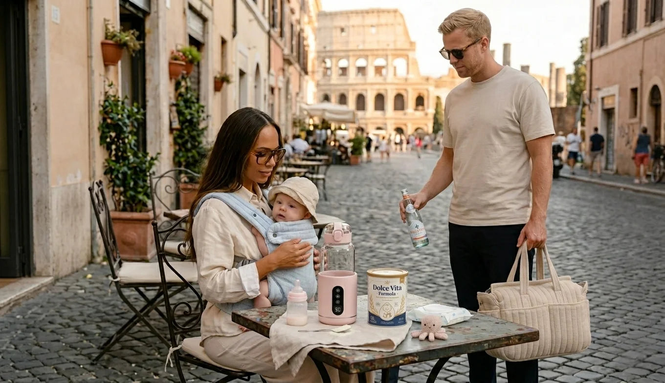 Parents nomades préparant le repas de leur bébé en voyage avec un chauffe-biberon portable sans fil posé sur une table de café.