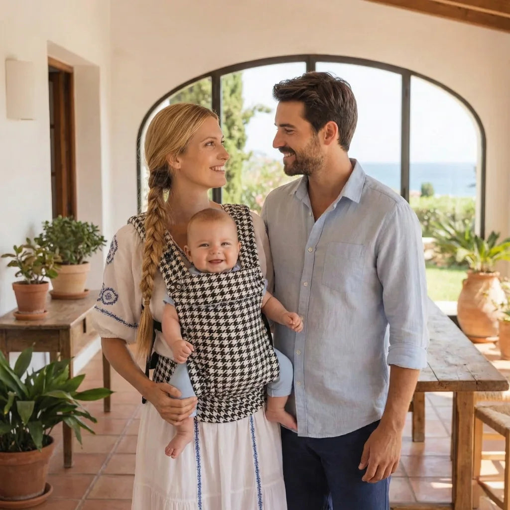 Maman souriante portant bébé dans un porte-bébé ergonomique motif pied-de-poule noir et blanc, aux côtés du papa, dans une maison méditerranéenne lumineuse avec vue sur la mer