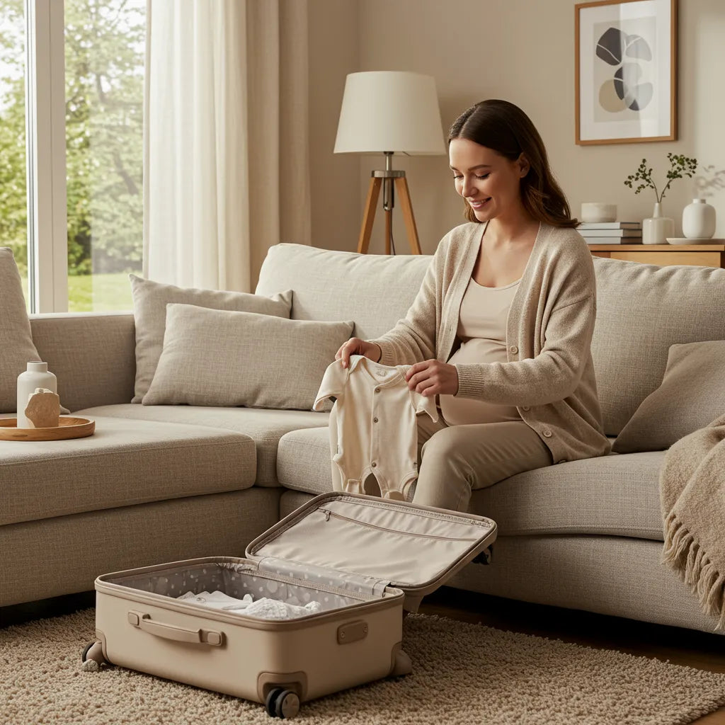 Valise de maternité ouverte avec vêtements et essentiels pour bébé