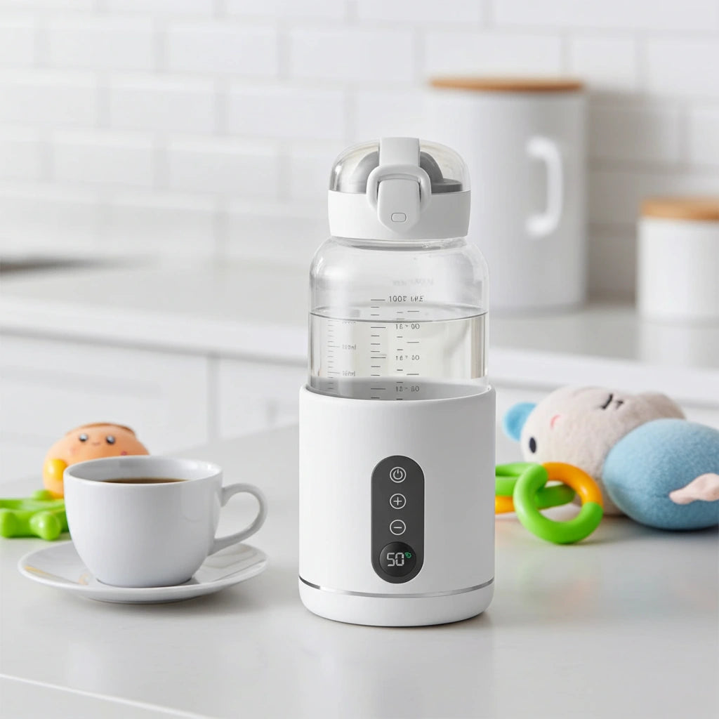 Chauffe-biberon portable en verre borosilicate et acier inoxydable, poids 0,560 kg, dimensions 23x19x9 cm, capacité 300 ml, température réglable de 37 à 55 degrés, batterie 5200 mAh, affichage LED, recharge USB-C, chauffe rapide, compatible avec batterie externe, prise voiture et chargeur mural, utilisable aussi pour les boissons des parents pratique