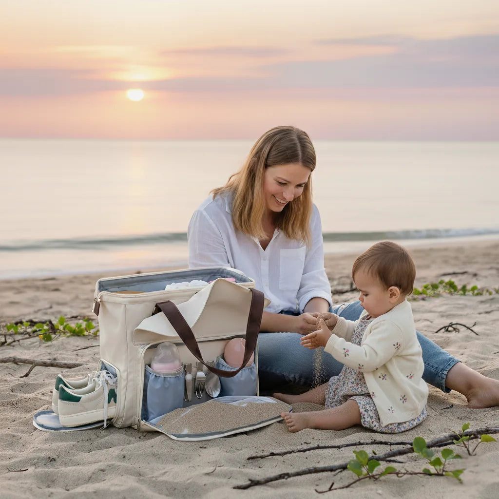 Sac à langer Aventure, résistant et organisé, parfait pour les parents explorateurs et leurs enfants. Intérieur optimisé pour toutes les sorties.