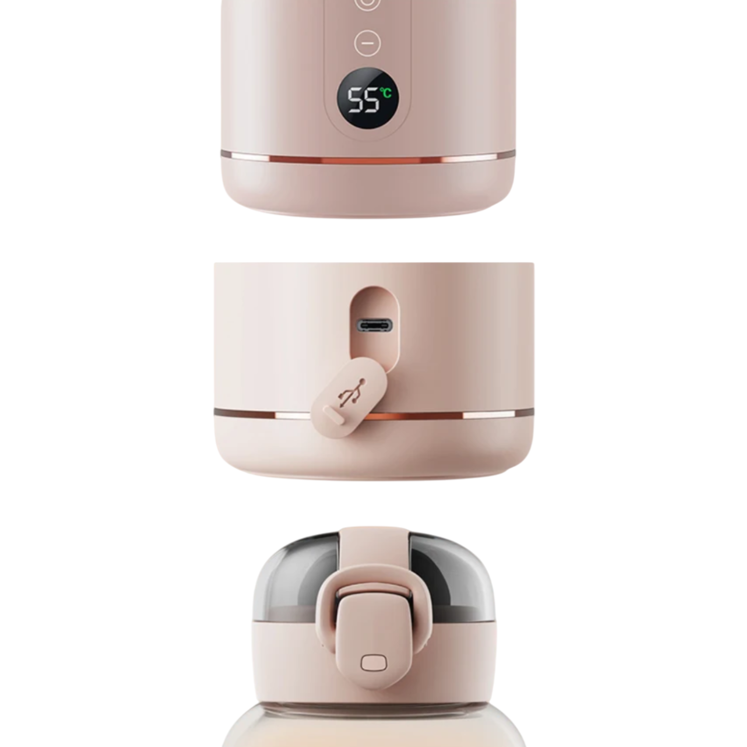 Chauffe-biberon portable en verre et acier inoxydable avec affichage LED et recharge USB-C, idéal pour les sorties avec bébé