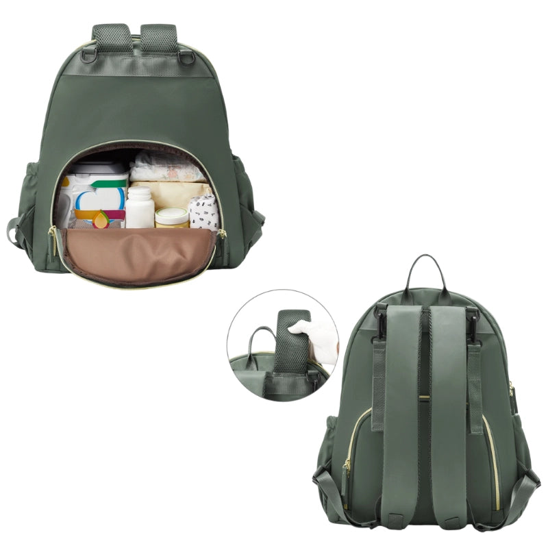 Sac à dos à langer 35L en nylon noir, accroché à une poussette lors d'une sortie en famille