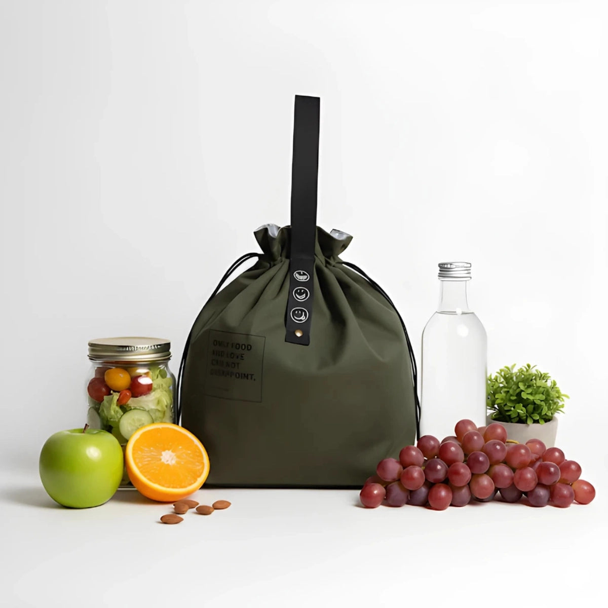 Lunch bag isotherme en tissu Oxford, 30x21x15 cm, grande capacité avec cordon de serrage, parfait pour transporter repas et snacks vert ouvert