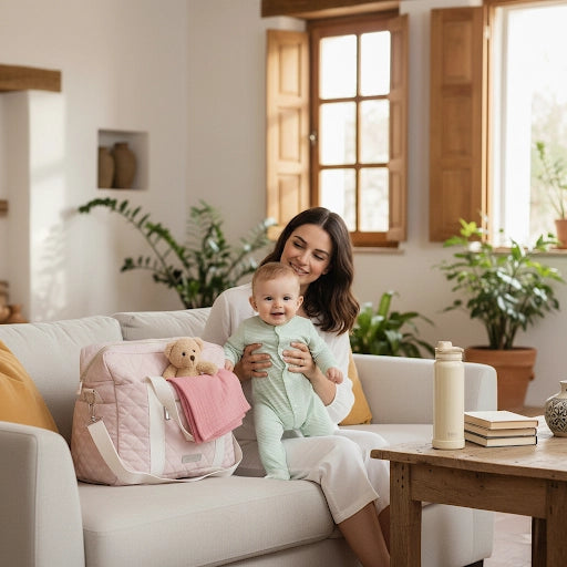 Mère et bébé souriants sur un canapé, avec un sac à langer rose, une gourde et un sac à déjeuner blanc sur une table basse.