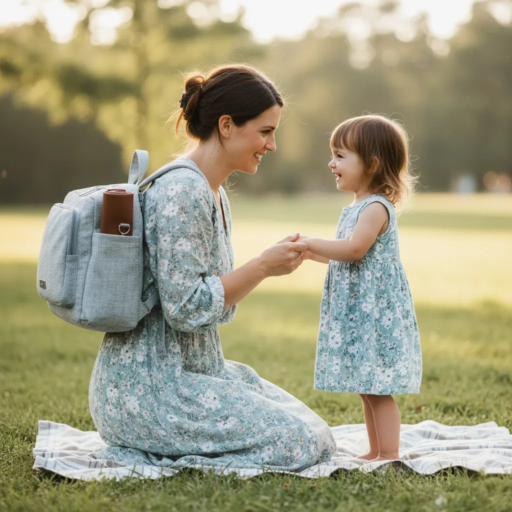 Maman assise sur un banc avec bébé debout à côté, profitant d'une sortie en plein air