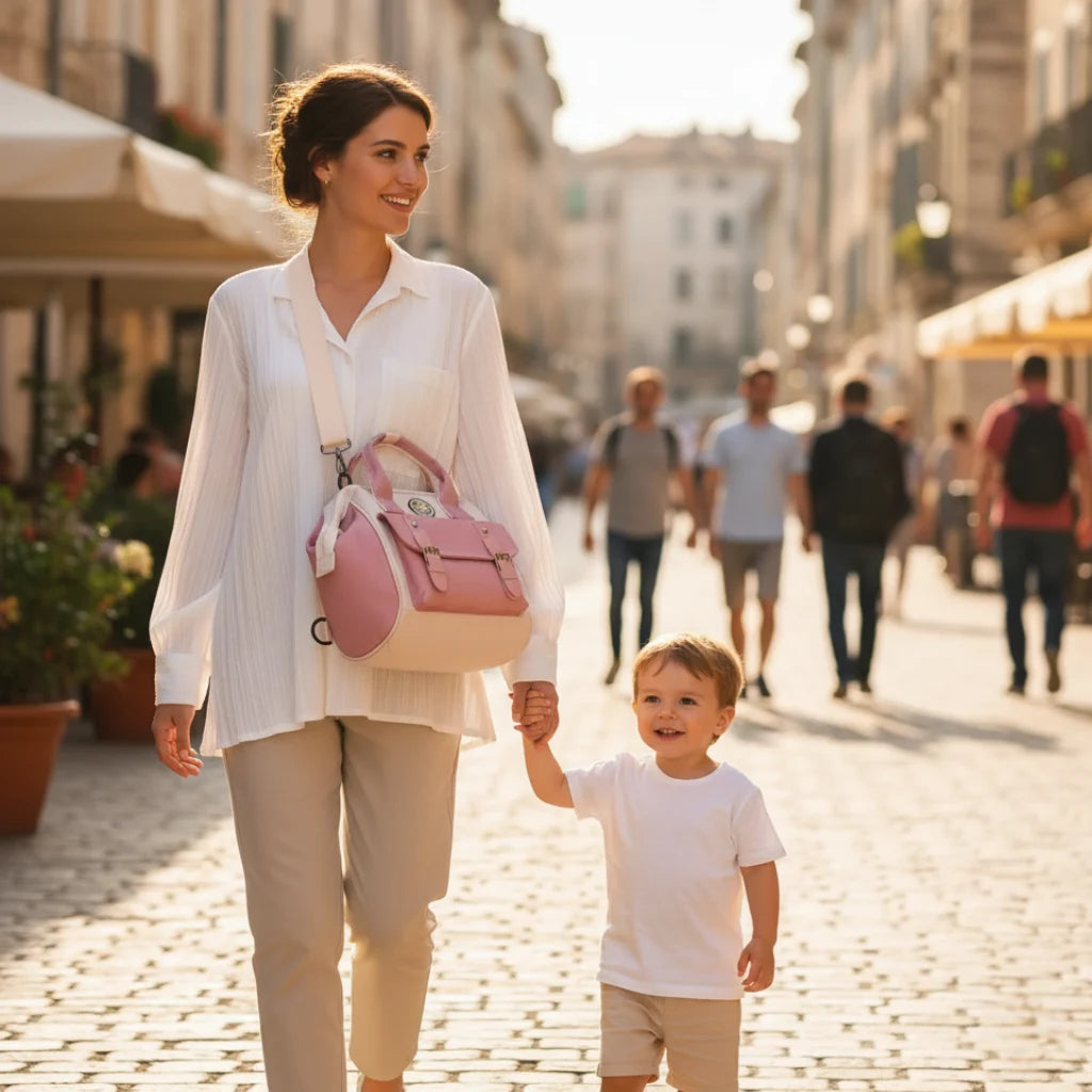 Sac à langer Mini CHIC compact en nylon noir posé sur une table en bois et en balade avec maman