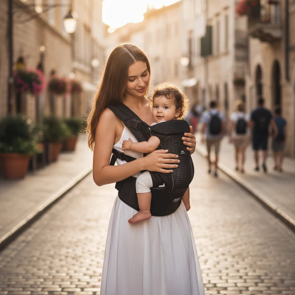 LullaNest – Porte-Bébé Ergonomique et Respirant, maman portant bébé extérieur