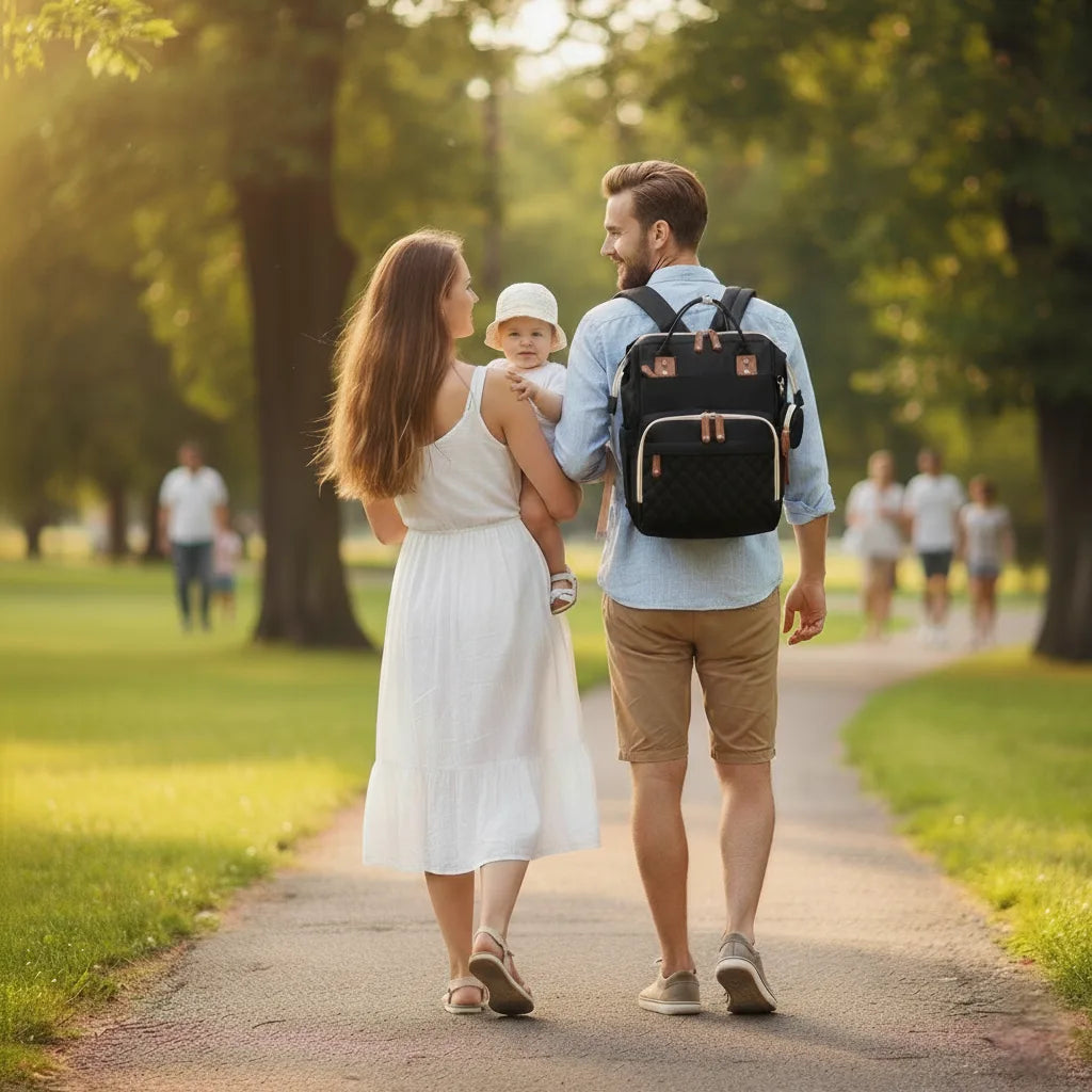 Sac à dos à langer Globe-Trotter porté par une maman en extérieur, design unisexe, tissu waterproof, tapis intégré, idéal pour parents nomades