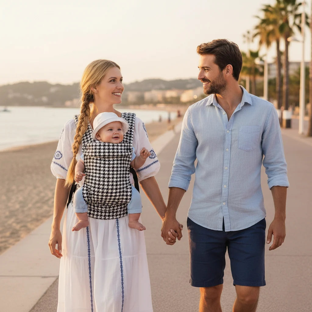 Parent portant son bébé avec le porte-bébé ergonomique HarmoBaby en coton premium, offrant confort, soutien lombaire et position physiologique en M.