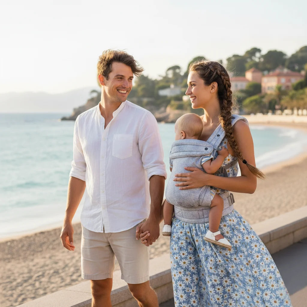 Porte-bébé HarmoBaby léger et respirant, idéal pour promenades et sorties, avec bretelles rembourrées et multiples positions de portage.