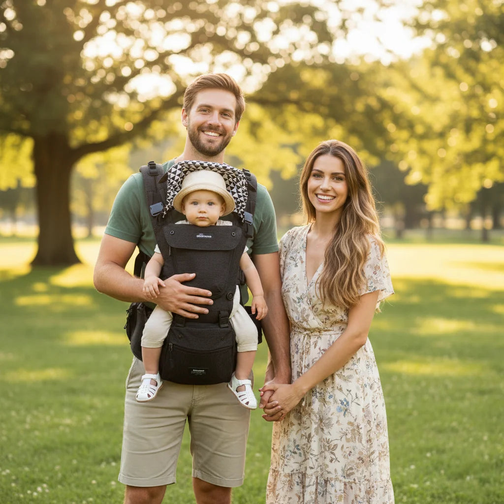 Gros plan du porte-bébé ergonomique Ergobloom avec son siège de hanche large et incliné, conçu pour la sécurité et le confort de bébé.