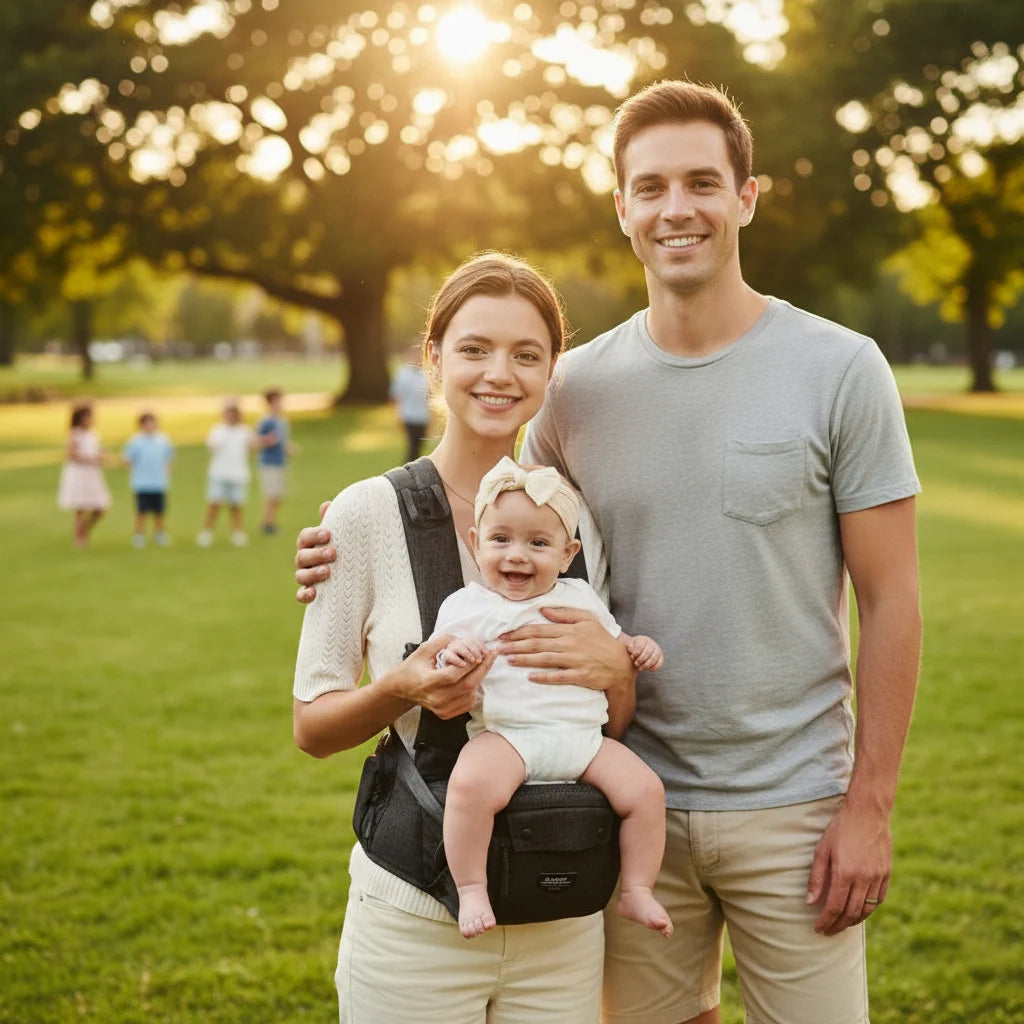 Maman en balade utilise le porte-bébé polyvalent Ergobloom 6-en-1, adapté de la naissance à 20 kg pour toutes les sorties quotidiennes
