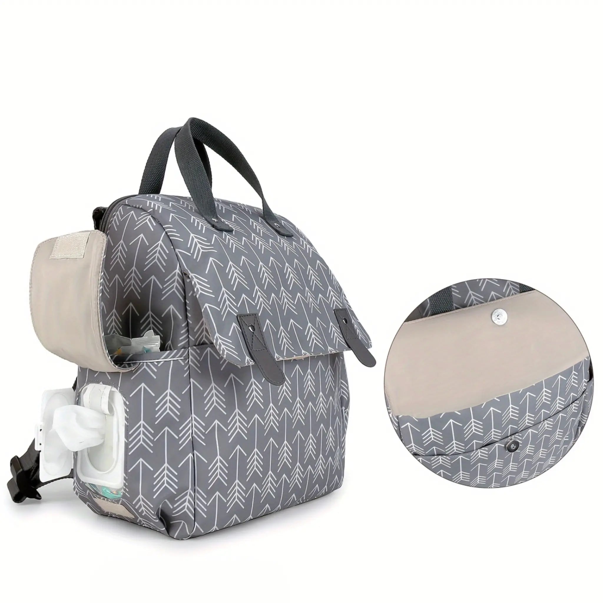 Sac à langer en polyester avec crochets de poussette à scratch intégrés, tapis à langer et sacoche isotherme assortis – pratique et léger pour les parents modernes
