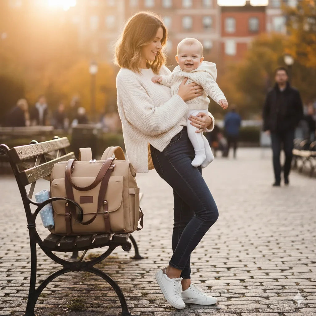 Sac à langer Aventure pour parents modernes, avec bandoulière et bretelles pour portage confortable, 14 poches de rangement, compartiment isotherme et manchette trolley, idéal pour voyages et déplacements organisés