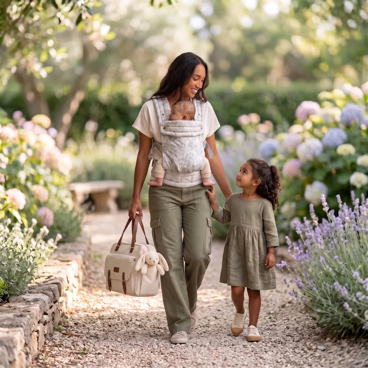 Maman nomade en promenade avec le porte-bébé ergonomique respirant HarmoBaby et le sac à langer Aventure.