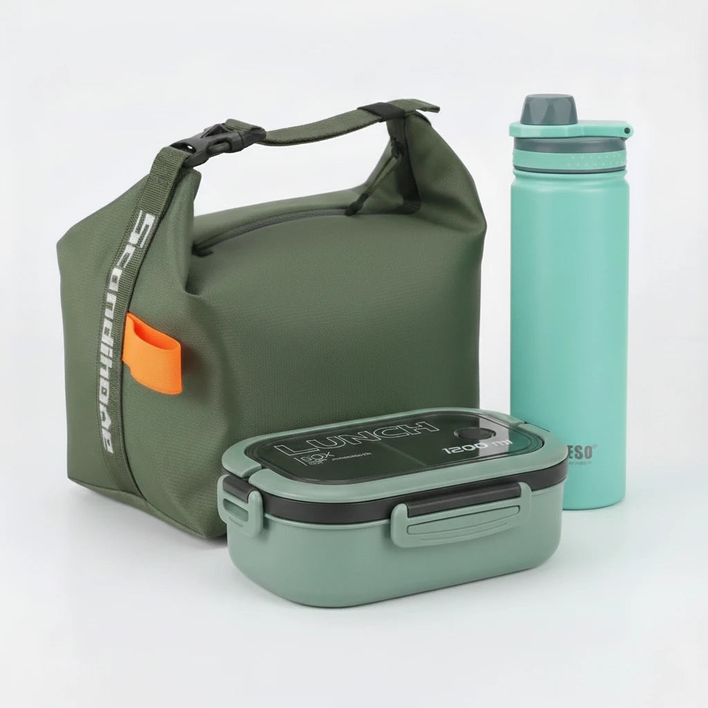 Lunch bag NomadBox beige en tissu Oxford avec fermeture enroulable, vue de face – sac repas isotherme compact.