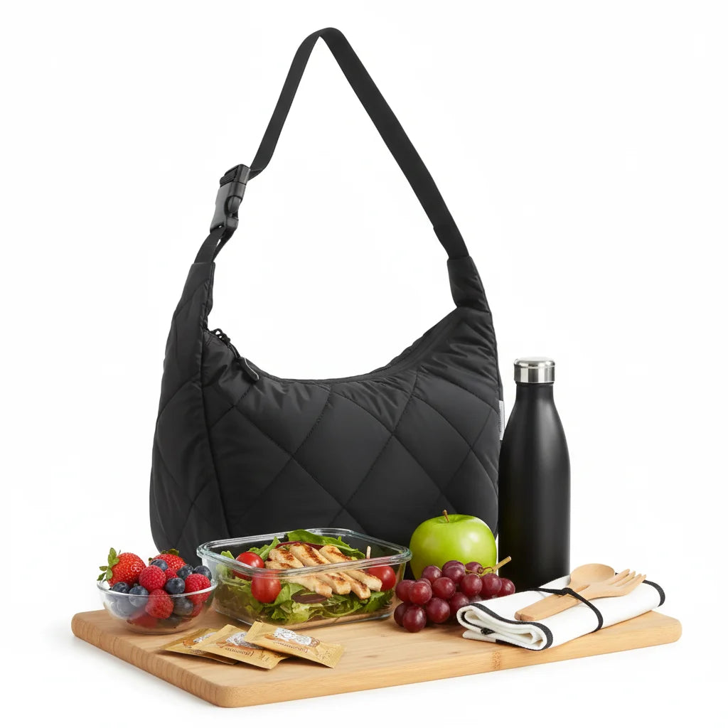 Vue intérieure du Lunch Bag Puffy avec repas et petite boisson