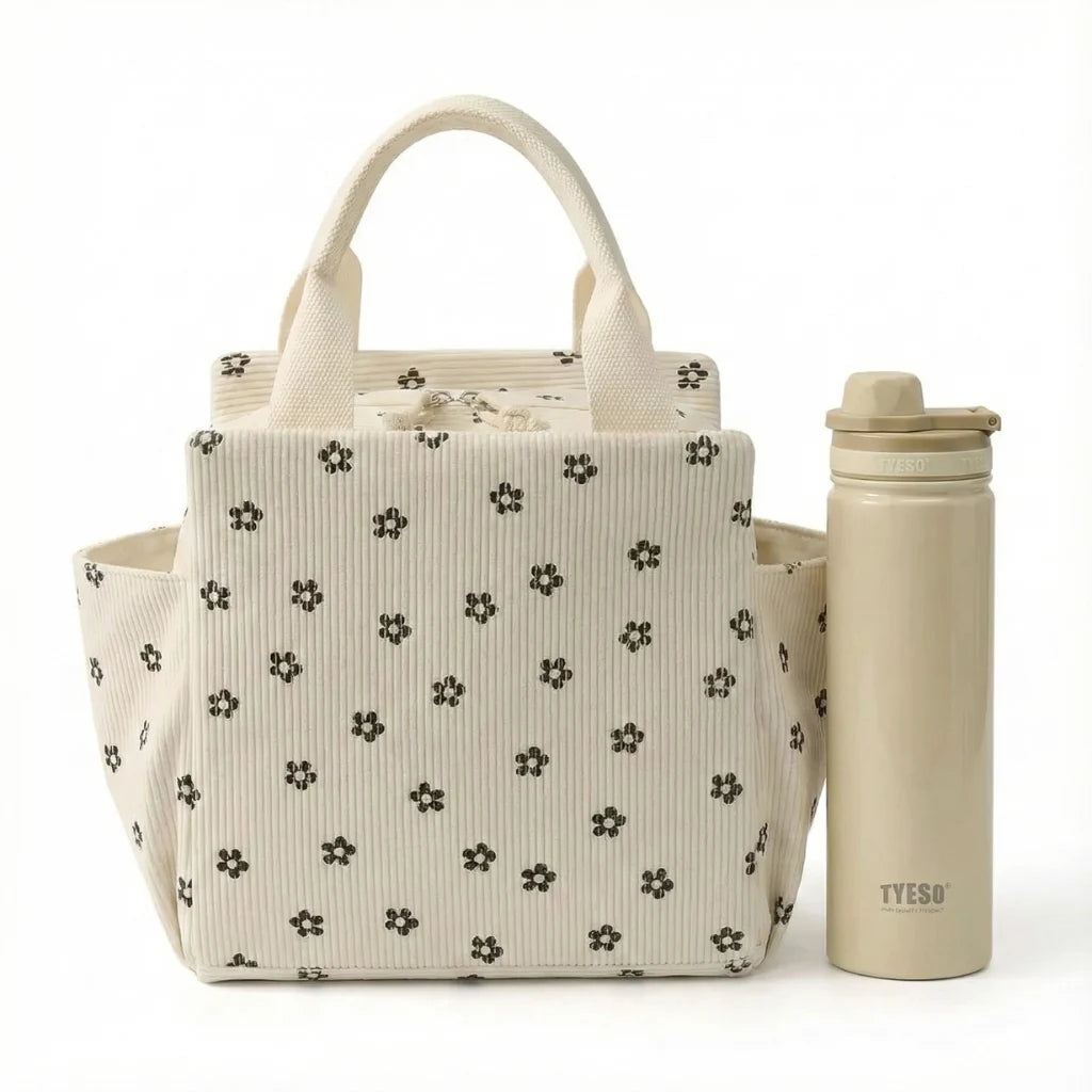 Duo sac isotherme repas beige velours motif fleurs et gourde inox moka pour déjeuner bureau