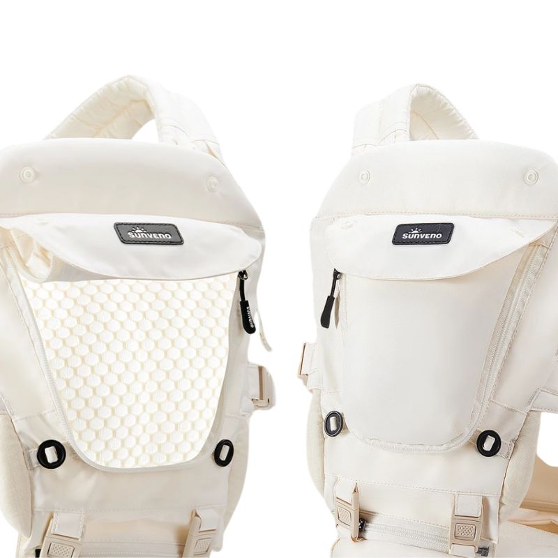 Vue latérale du porte-bébé Ergobloom avec siège hanche et poches de rangement visibles