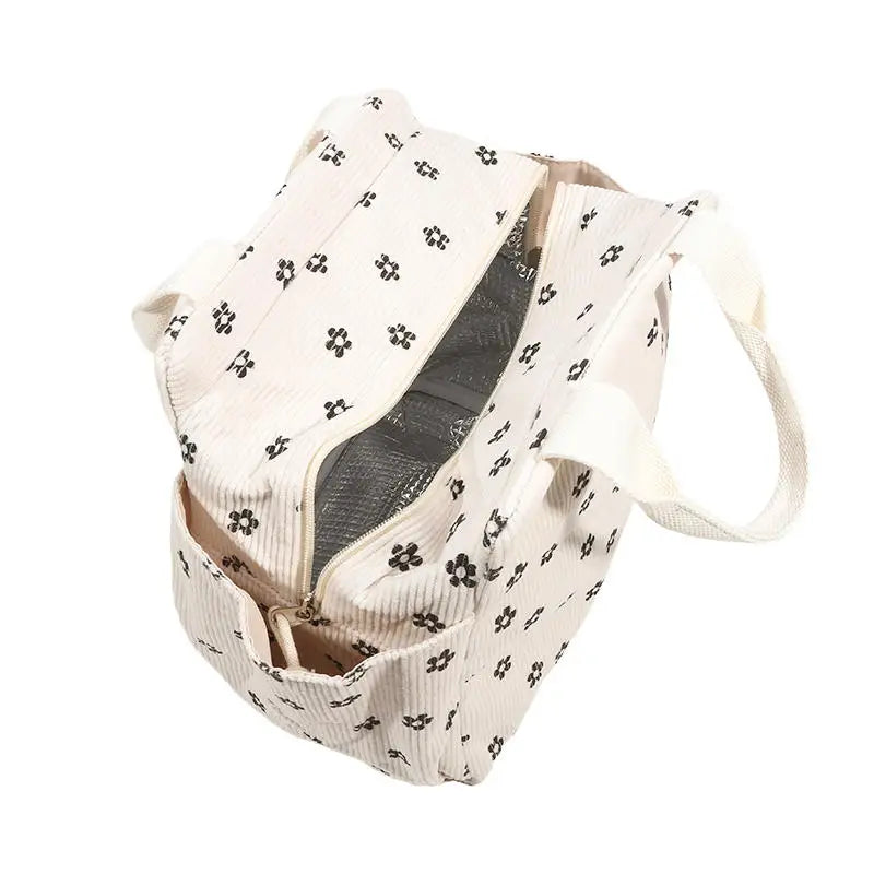 Sac lunch Sweet Pouch beige motif fleur, ouvert avec doublure isotherme visible
