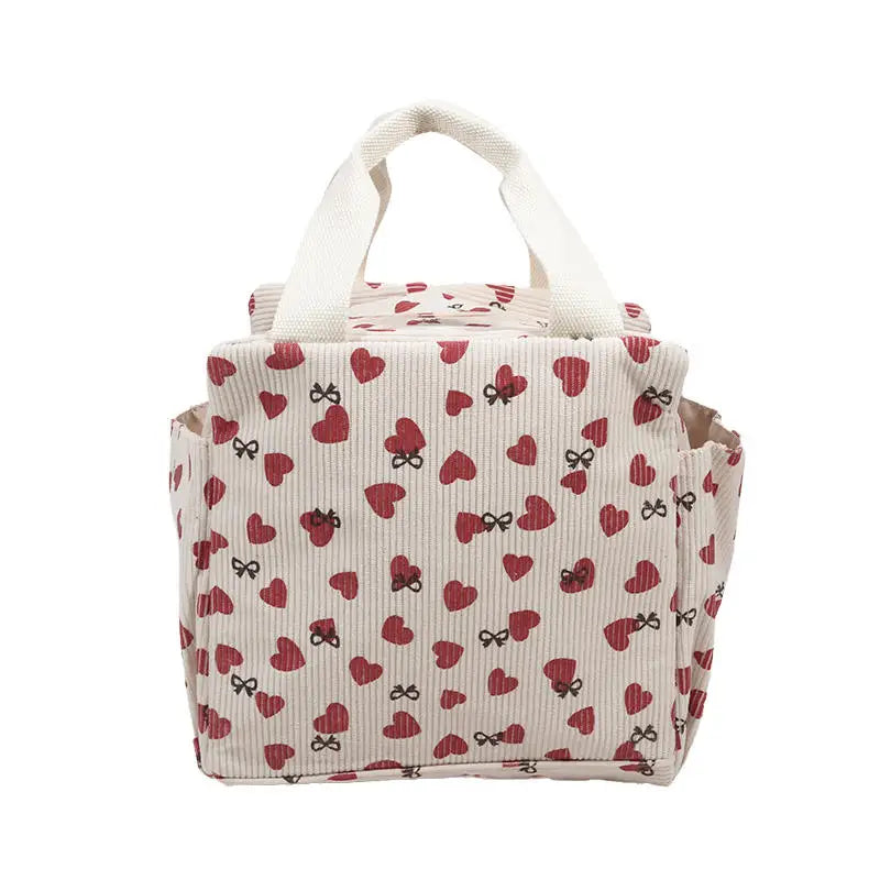 Sac lunch Sweet Pouch beige motif fleur, vue latérale avec poignée de transport