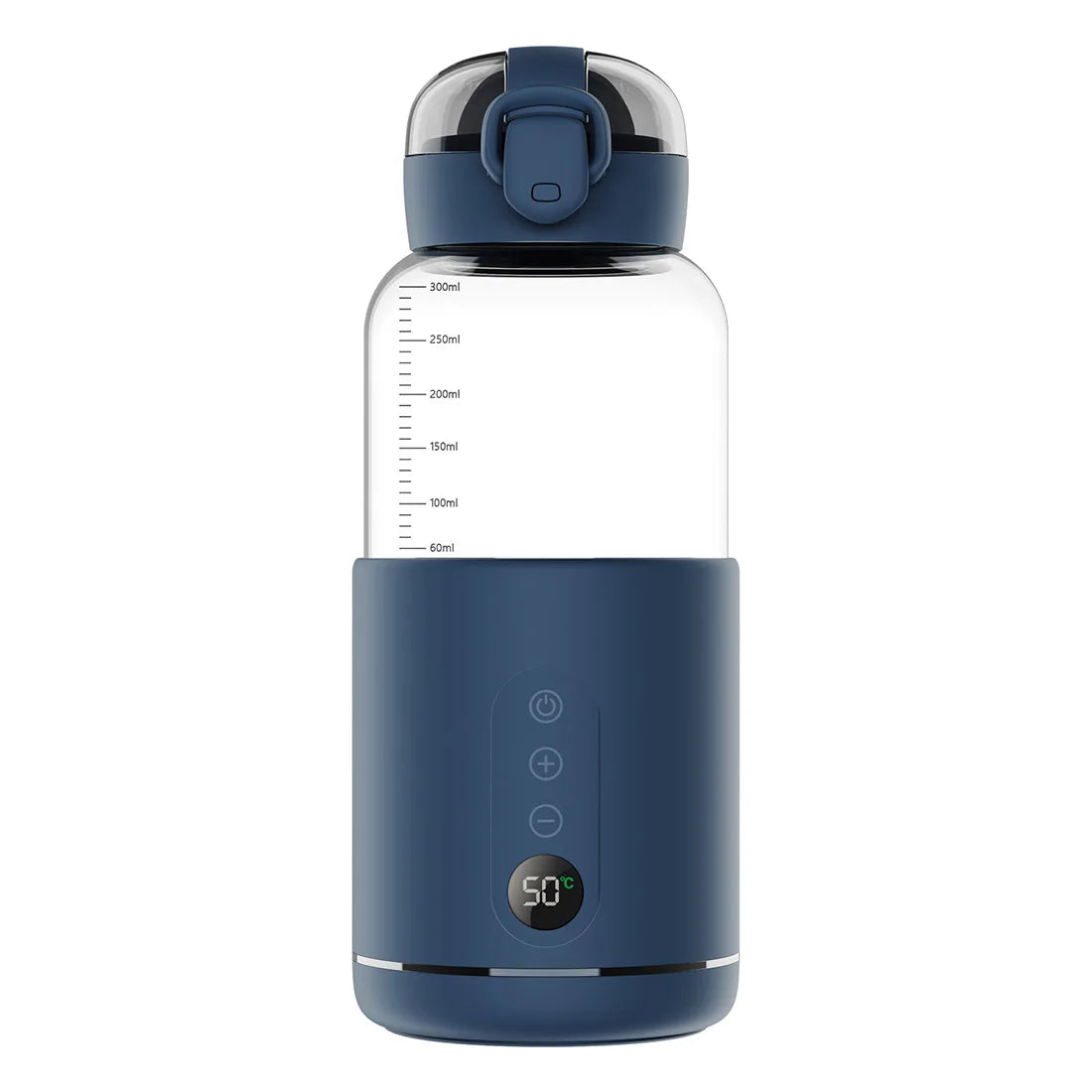 Chauffe-biberon portable en verre borosilicate et acier inoxydable, poids 0,560 kg, dimensions 23x19x9 cm, capacité 300 ml, température réglable de 37 à 55 degrés, batterie 5200 mAh, affichage LED, recharge USB-C, chauffe rapide, compatible avec batterie externe, prise voiture et chargeur mural, utilisable aussi pour les boissons des parents bleu