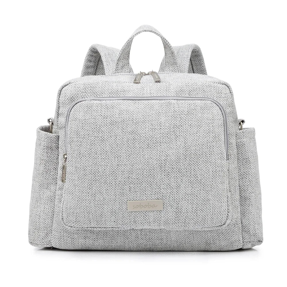 Sac à langer en PU, poids 0,720 kg, dimensions 34x32x12 cm, facile à nettoyer avec un chiffon microfibre humide gris