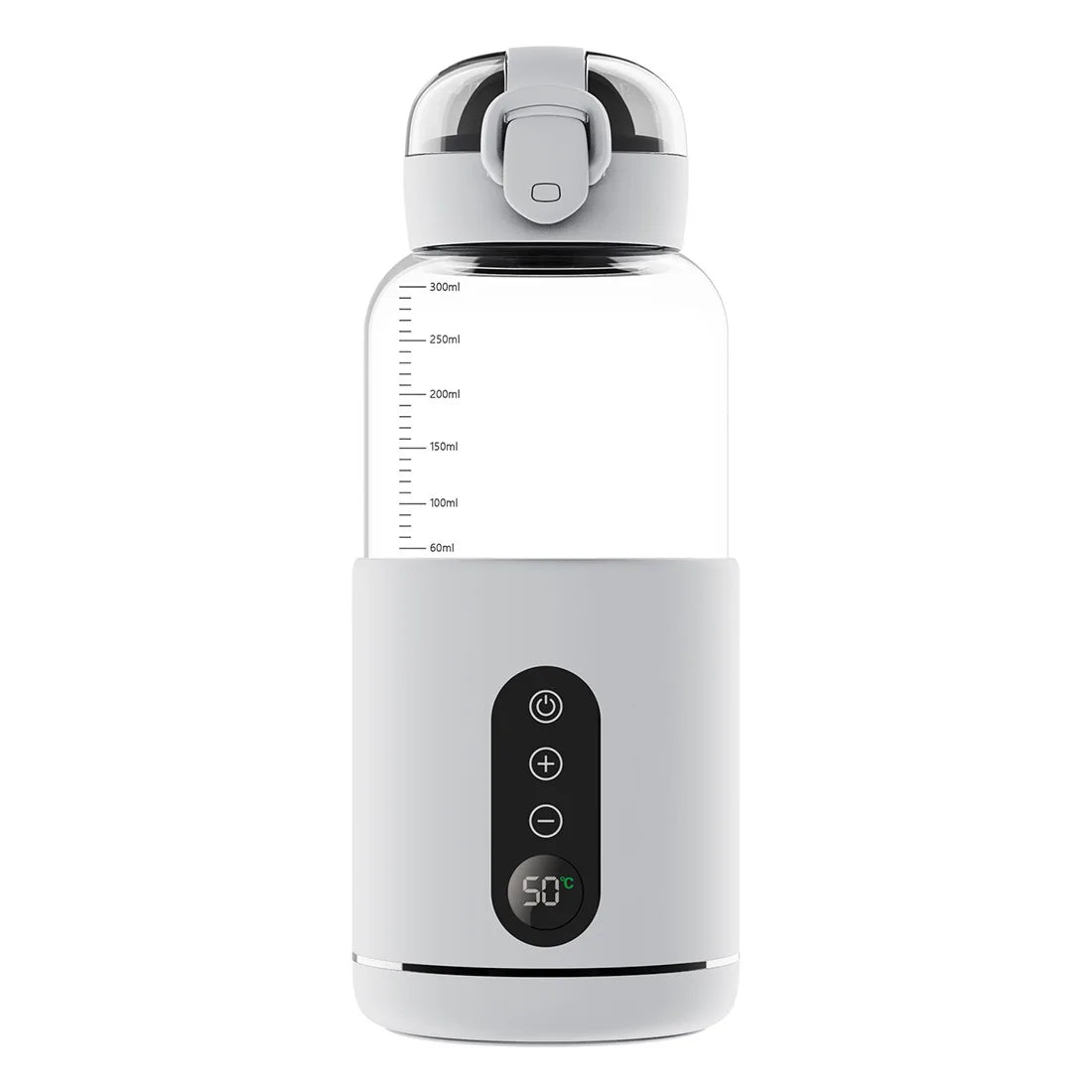 Chauffe-biberon portable en verre borosilicate et acier inoxydable, poids 0,560 kg, dimensions 23x19x9 cm, capacité 300 ml, température réglable de 37 à 55 degrés, batterie 5200 mAh, affichage LED, recharge USB-C, chauffe rapide, compatible avec batterie externe, prise voiture et chargeur mural, utilisable aussi pour les boissons des parents gris