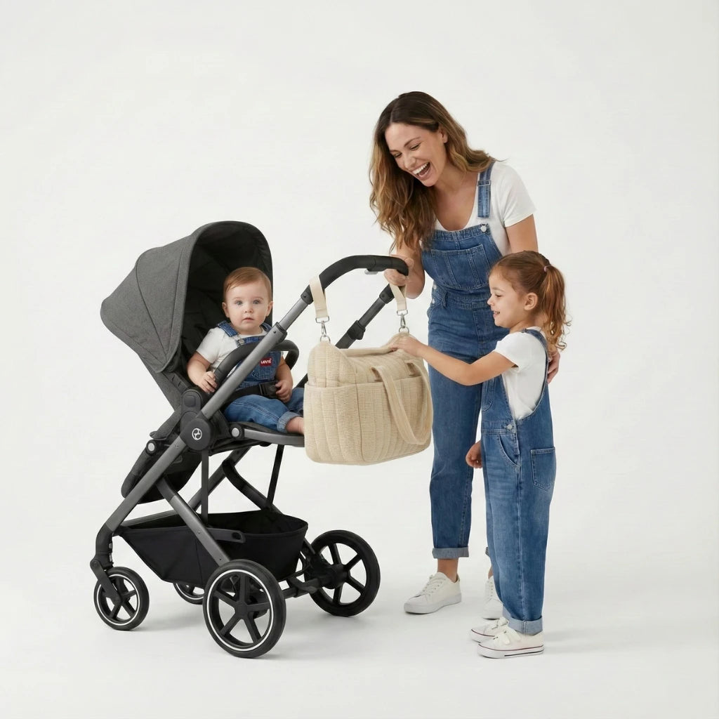 Sac à langer en coton gaufré matelassé cosy avec grand compartiment zippé et poches pratiques pour bébé