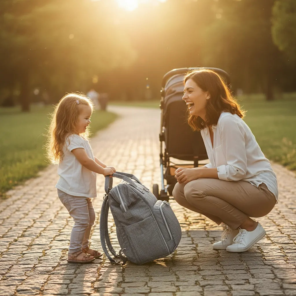Large ouverture du sac à langer Moka montrant l'organisation optimale avec ses compartiments intelligents, pochettes isothermes et tapis à langer imperméable.