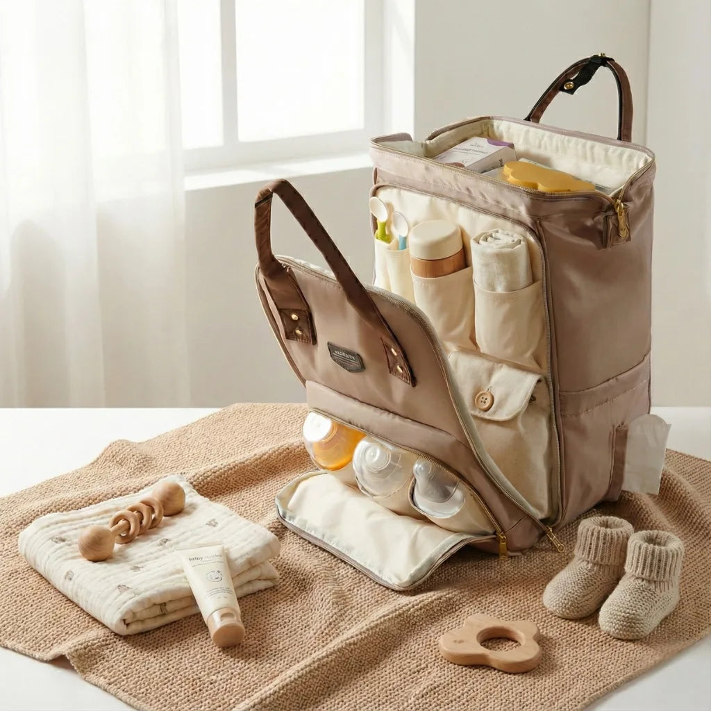 Compartiments fonctionnels et grande poche du sac à langer Moka pour une organisation facile