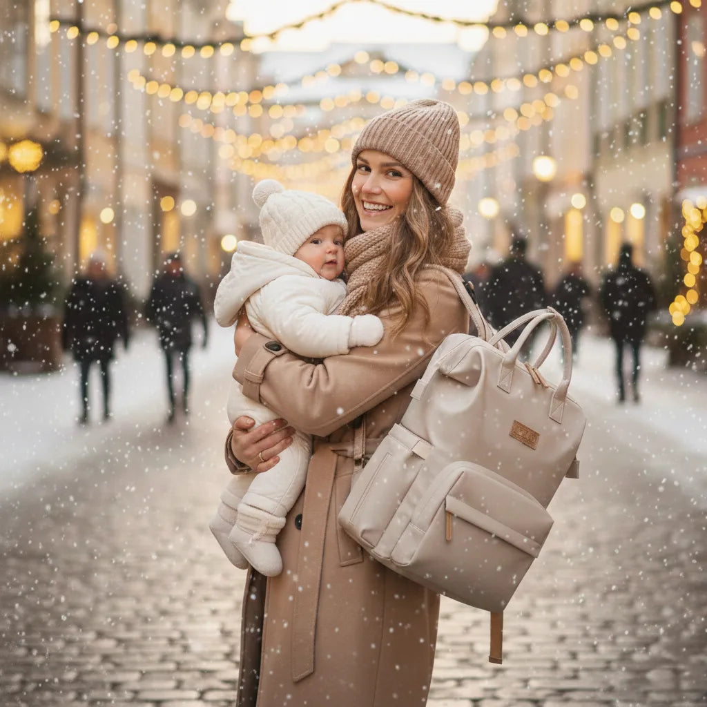 Sortie d'hiver mère et bébé : confort et style avec le sac à langer à dos Goodnvibes grande capacité.