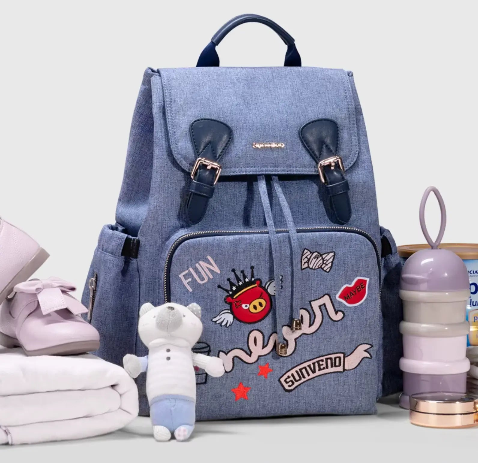 Sac à langer en toile canvas, 37x32x21 cm, grande capacité, 0,8 kg, facile à nettoyer avec un chiffon microfibre humide bleu large