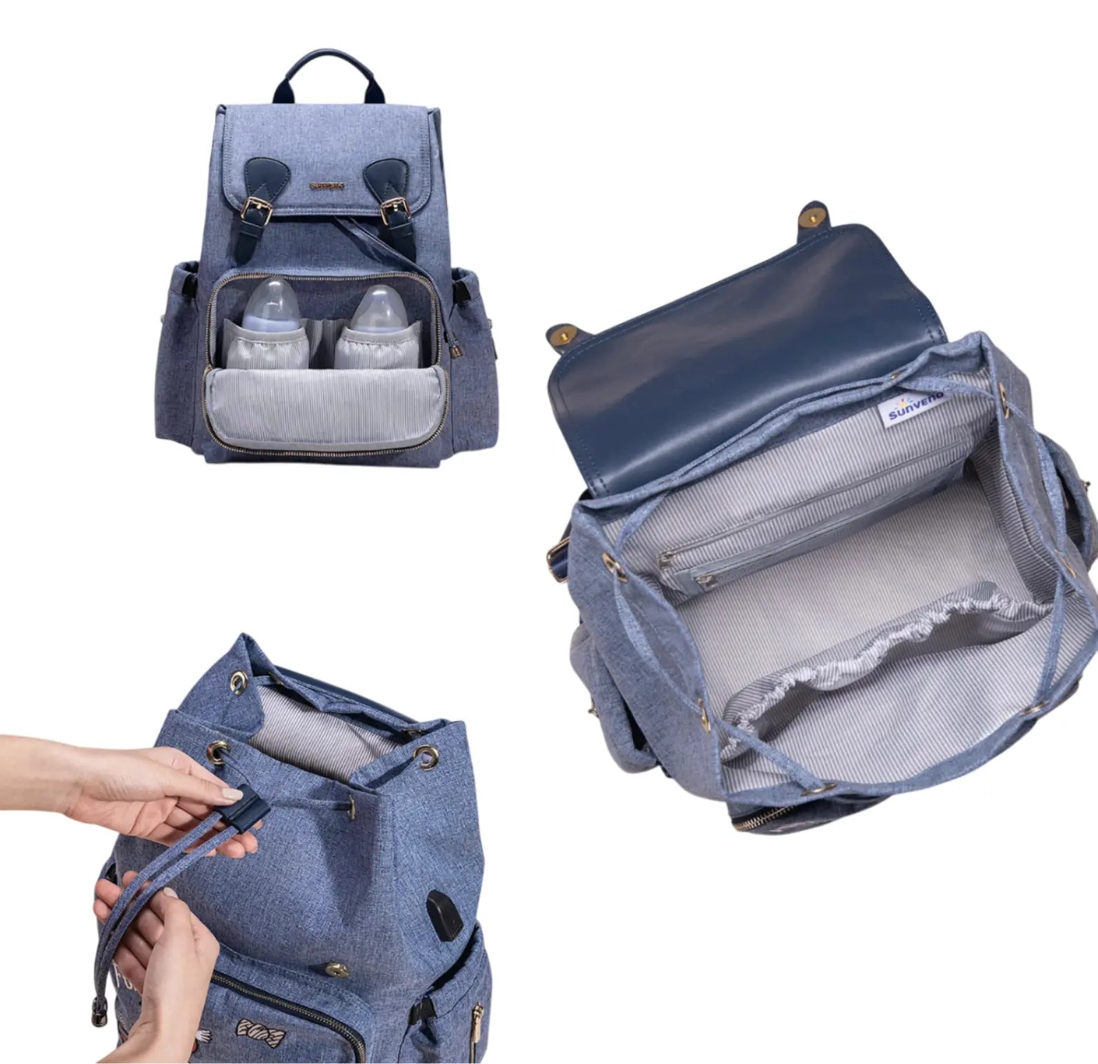 Sac à langer en toile canvas, 37x32x21 cm, grande capacité, 0,8 kg, facile à nettoyer avec un chiffon microfibre humide bleu intérieur rangement