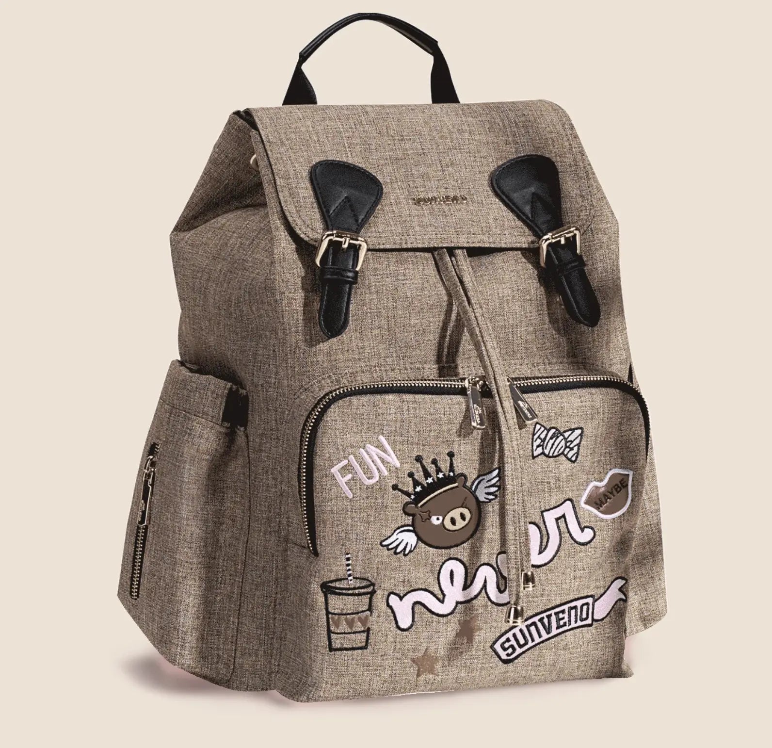 Sac à langer en toile canvas, 37x32x21 cm, grande capacité, 0,8 kg, facile à nettoyer avec un chiffon microfibre humide marron de face