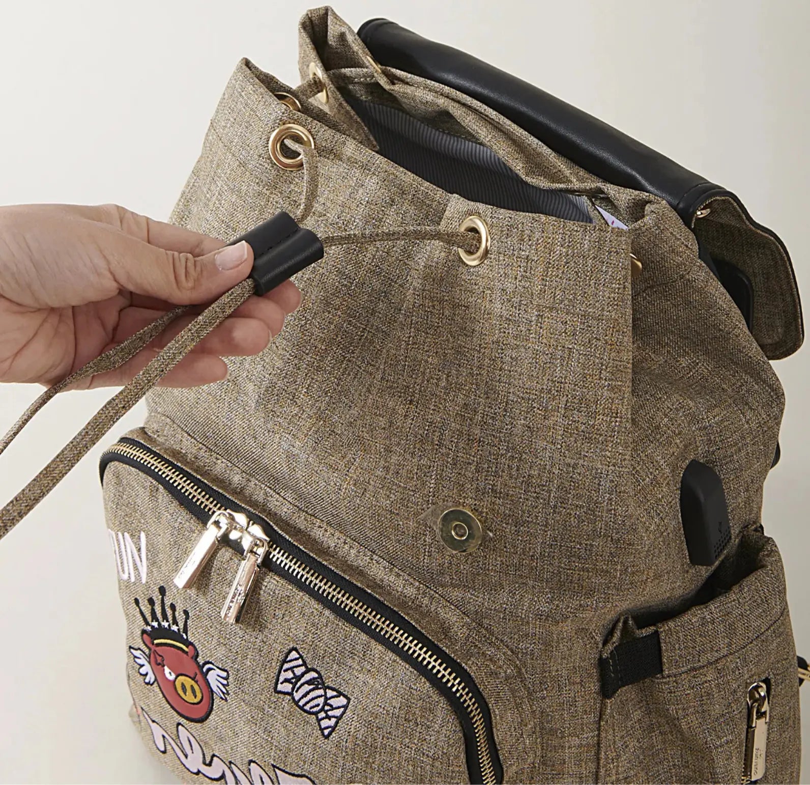 Sac à langer en toile canvas, 37x32x21 cm, grande capacité, 0,8 kg, facile à nettoyer avec un chiffon microfibre humide marron lanière