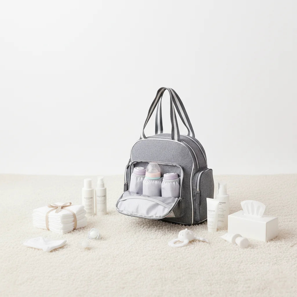 Sac NomadGlow accroché à une poussette grâce à ses attaches pratiques pour parents.