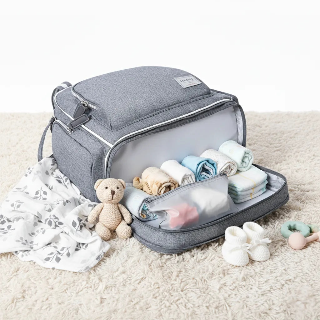 Compartiment inférieur imperméable du sac à langer NomadGlow utilisé pour séparer vêtements mouillés.