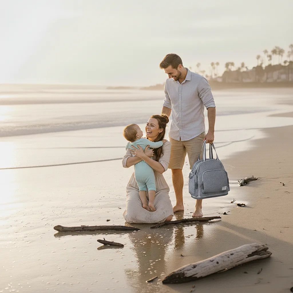 Sac à langer NomadGlow porté en sac à dos, idéal pour les parents actifs en déplacement.
