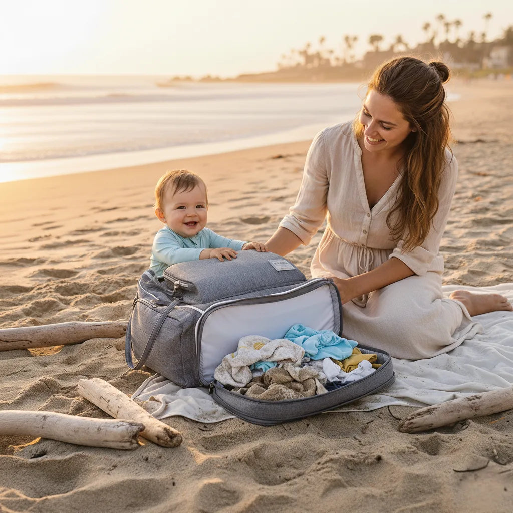 Vue de face du sac à langer NomadGlow avec ses compartiments multiples pour accessoires bébé.