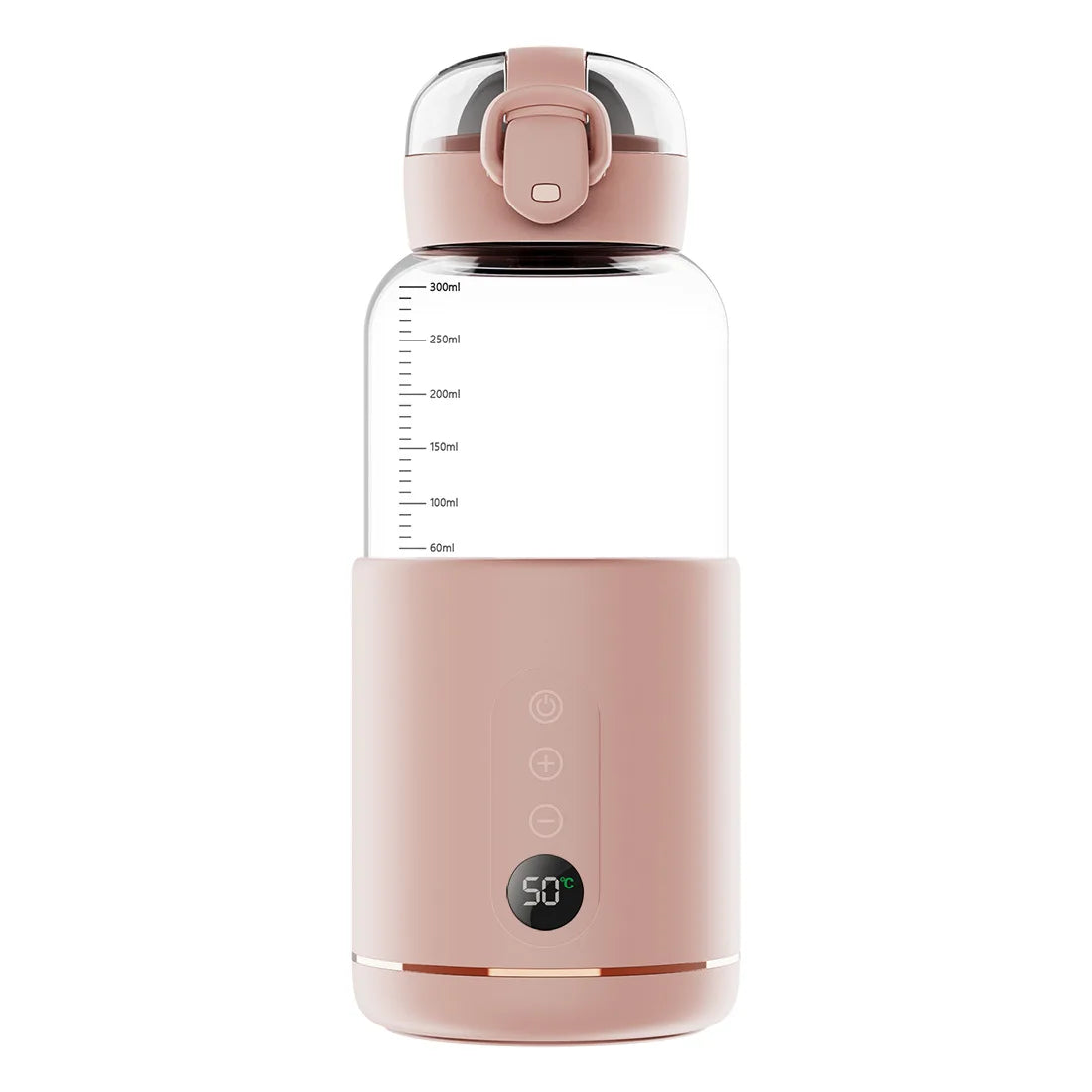 Chauffe-biberon portable en verre borosilicate et acier inoxydable, poids 0,560 kg, dimensions 23x19x9 cm, capacité 300 ml, température réglable de 37 à 55 degrés, batterie 5200 mAh, affichage LED, recharge USB-C, chauffe rapide, compatible avec batterie externe, prise voiture et chargeur mural, utilisable aussi pour les boissons des parents rose