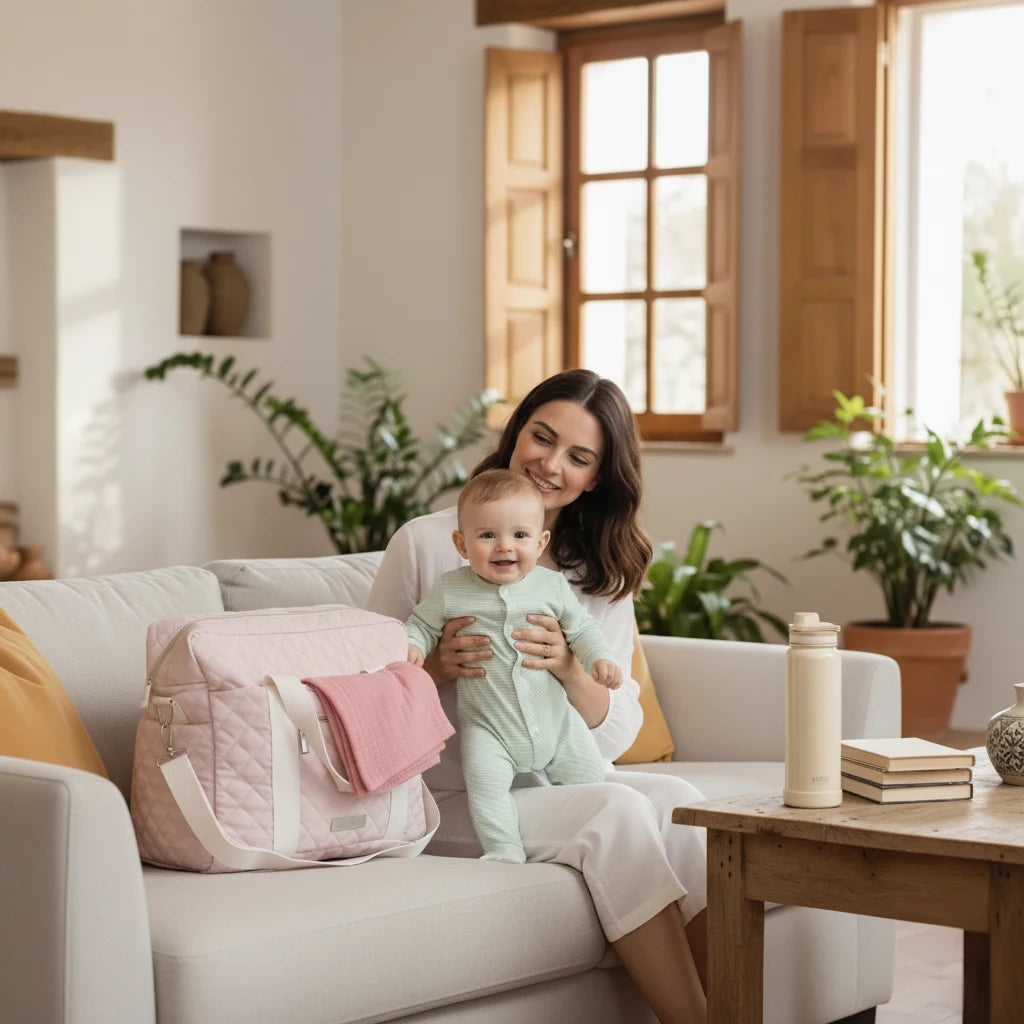 Mère et bébé souriants sur un canapé, avec un sac à langer rose, une gourde et un sac à déjeuner blanc sur une table basse.