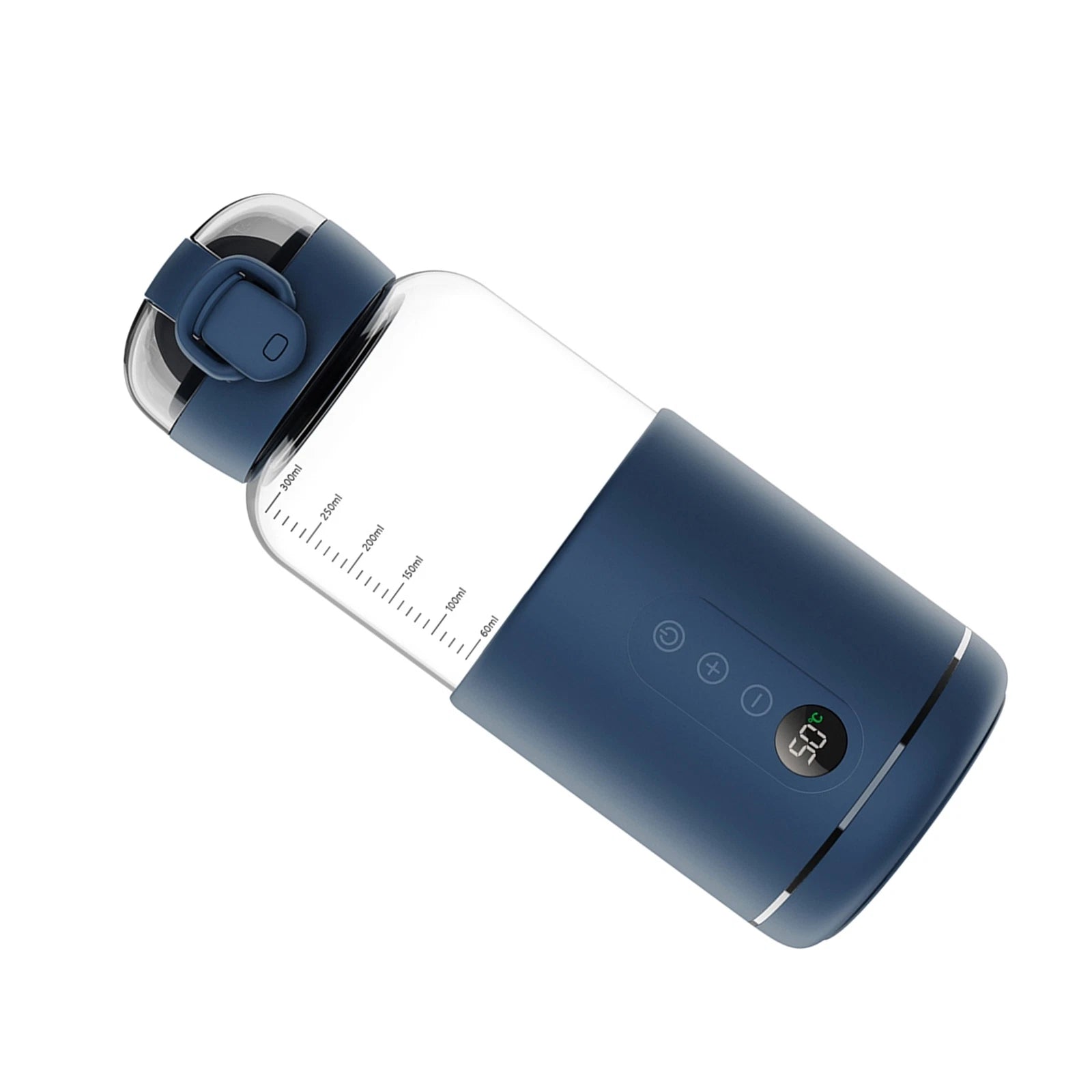 Chauffe-biberon portable en verre borosilicate et acier inoxydable, poids 0,560 kg, dimensions 23x19x9 cm, capacité 300 ml, température réglable de 37 à 55 degrés, batterie 5200 mAh, affichage LED, recharge USB-C, chauffe rapide, compatible avec batterie externe, prise voiture et chargeur mural, utilisable aussi pour les boissons des parents bleu
