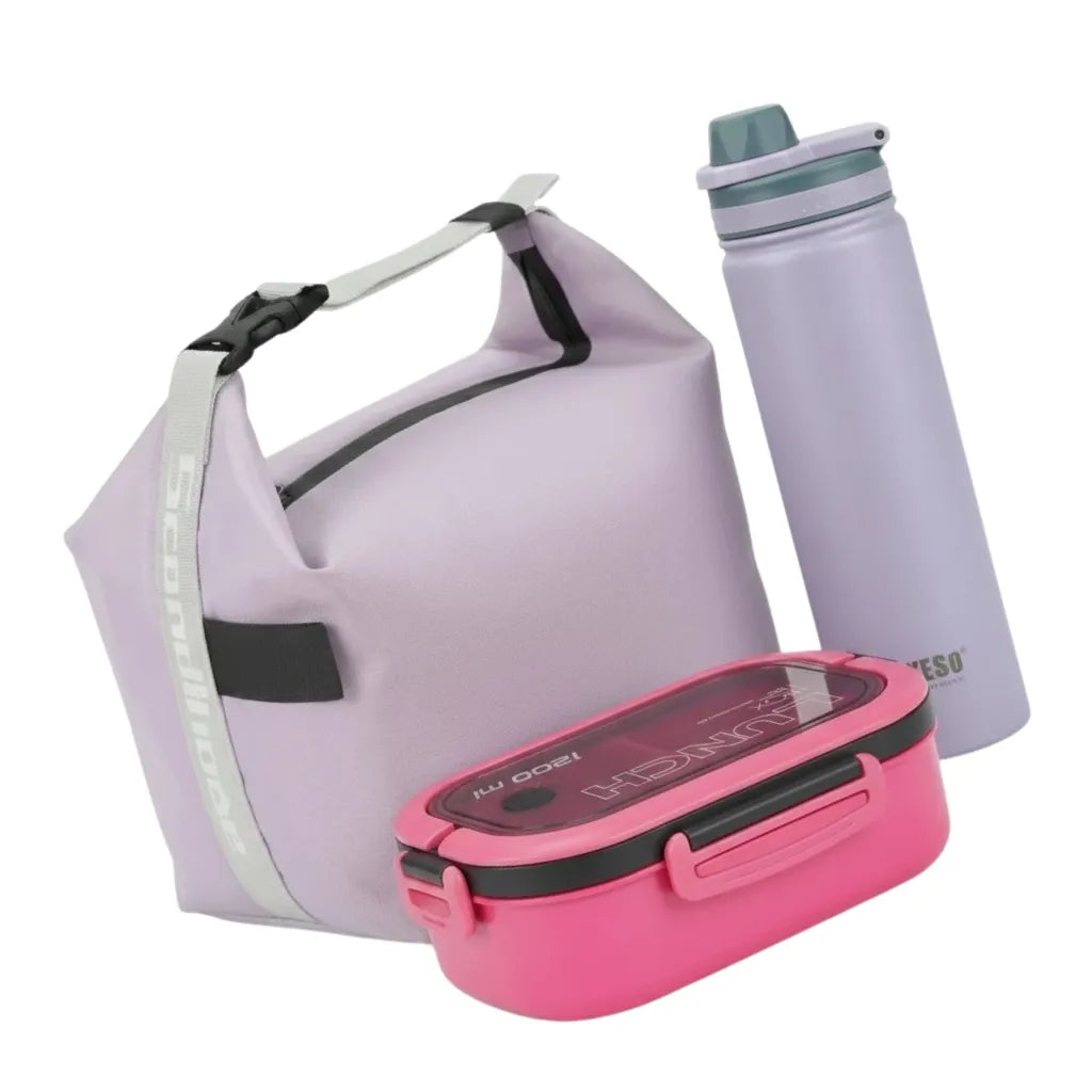 Ensemble trio Goodn’Lunch composé du sac NomadBox, de la bento Snack&Go et d’une gourde isotherme, kit pratique pour repas nomades et hydratation.