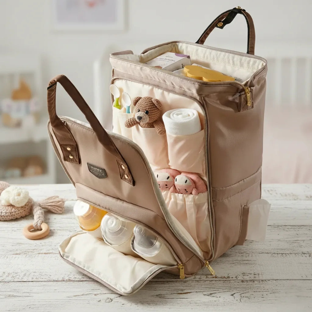 Compartiments fonctionnels et grande poche du sac à langer Moka pour une organisation facile