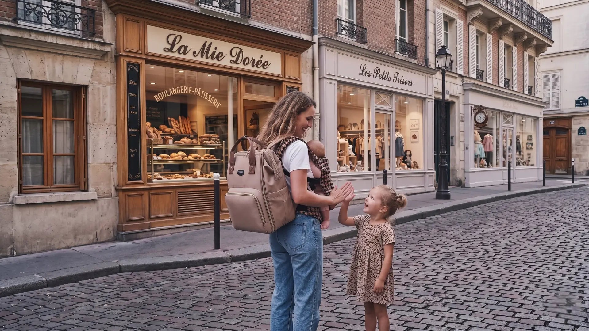 Pack maternité Tribu en balade : maman élégante avec sac à langer Moka et porte-bébé ergonomique HarmoBaby, style et confort pour les aventures en famille.