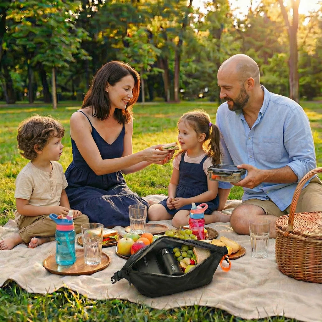 Lunch bag isotherme NomadBox de GoodnVibes ouvert au premier plan lors d'un déjeuner pique-nique sain en famille