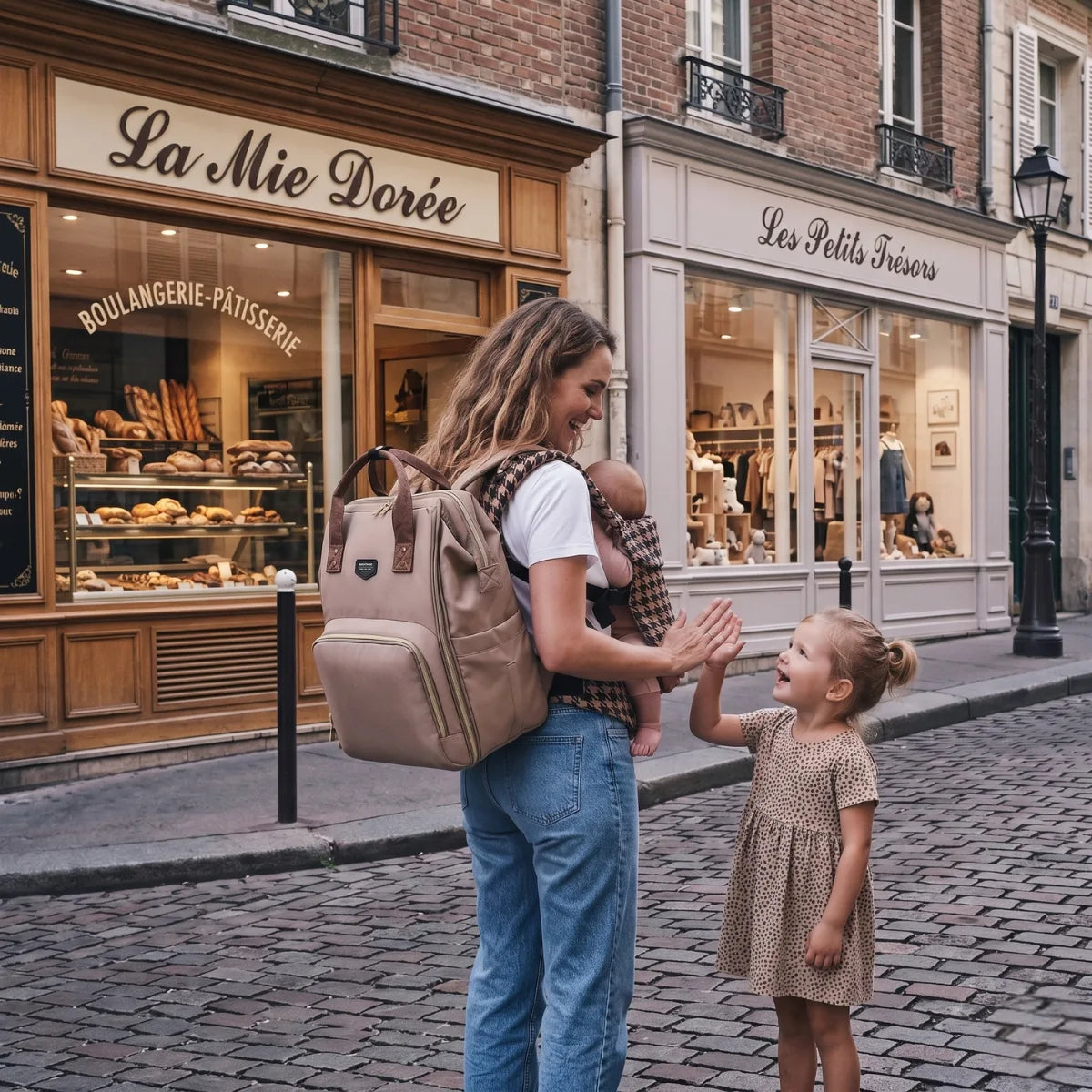 Jeune maman en balade avec sa fille, portant le porte-bébé ergonomique Harmobaby et le sac à dos à langer Moka, style de vie actif et nomade.